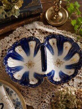🍈 Vintage German Two-Bowl Serving Dish – Blue, White & Gold – #8290 123